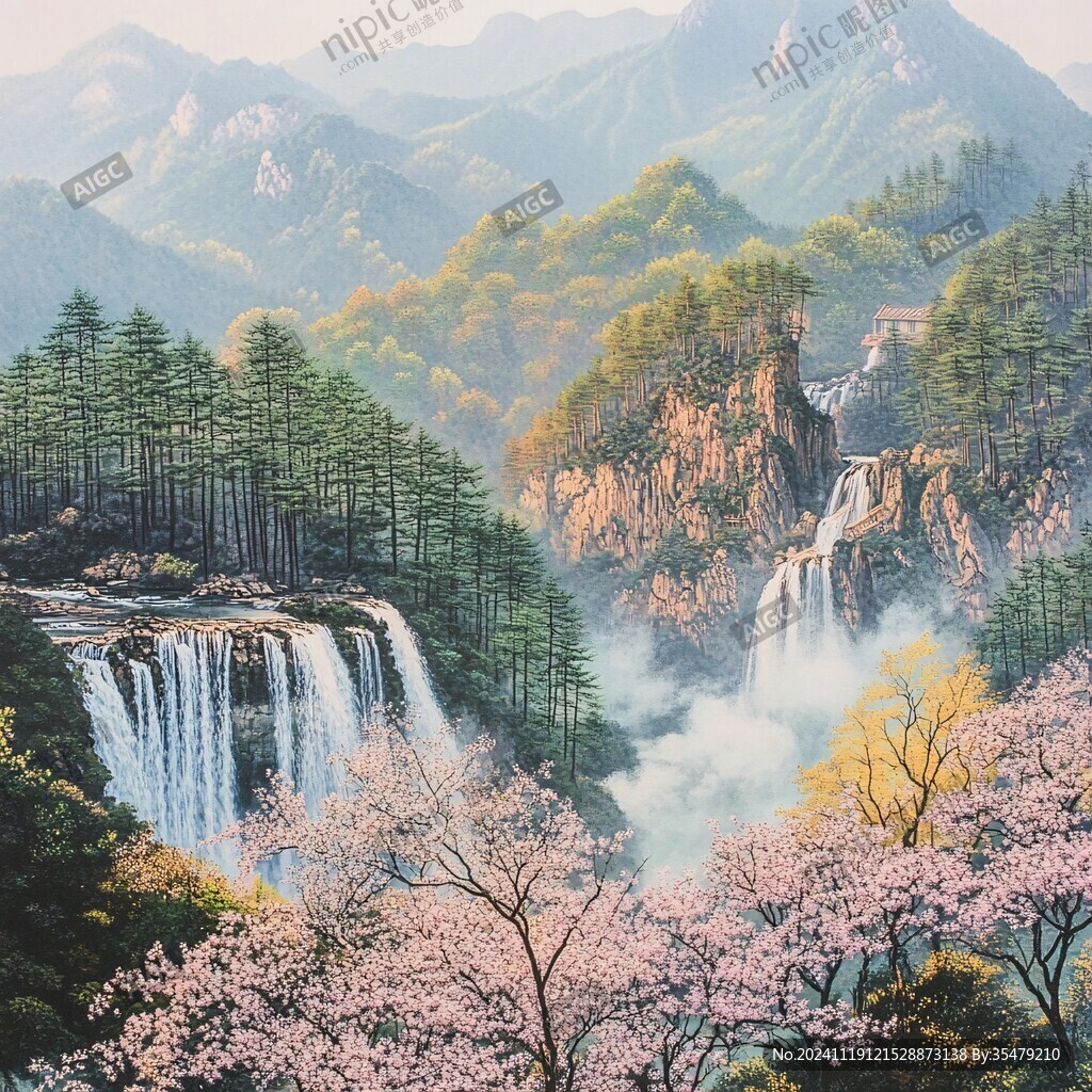 山水风景油画瀑布