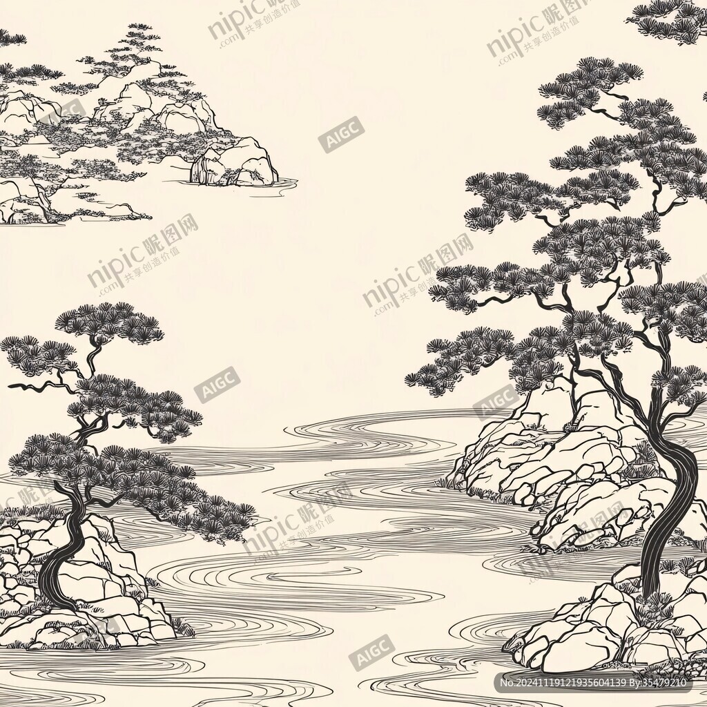 工笔线描松树背景墙
