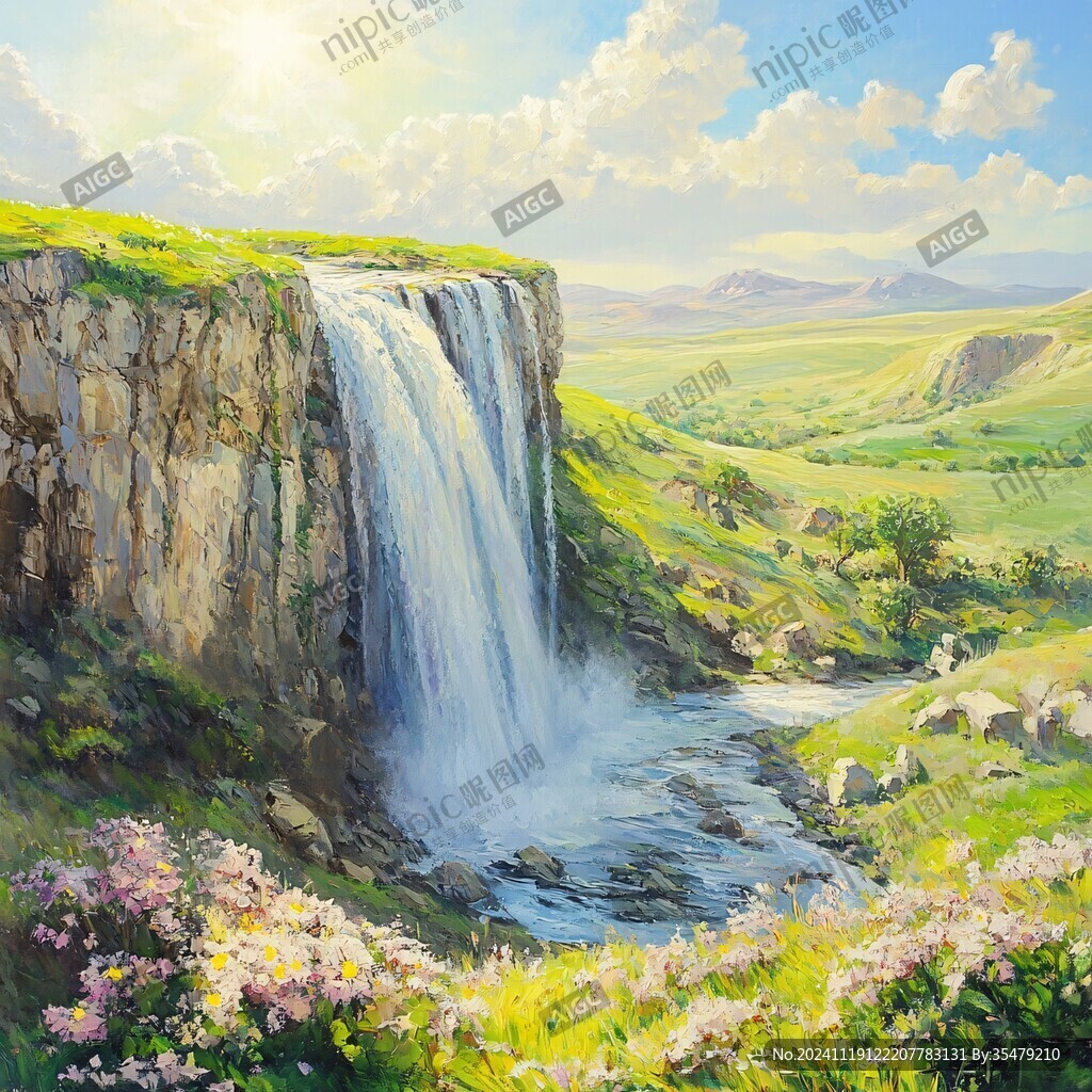 山水风景油画瀑布