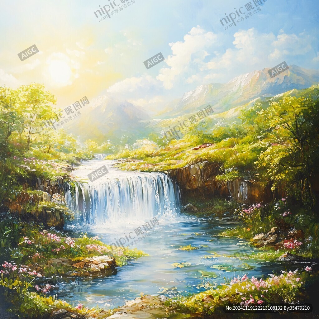 山水风景油画瀑布