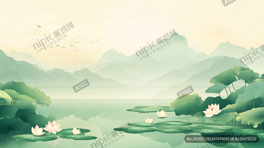 中式山湖插画