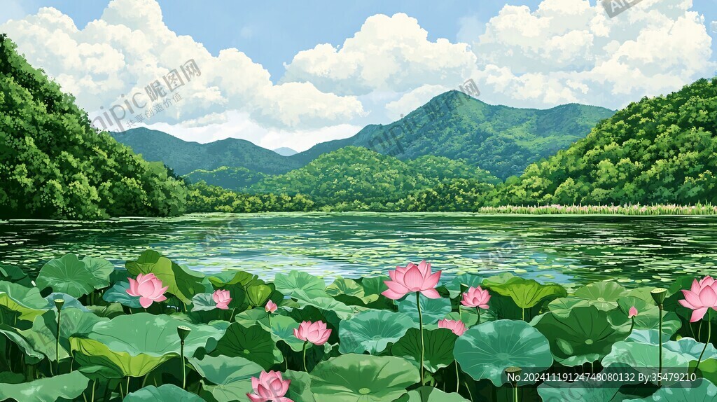 手绘荷花湖