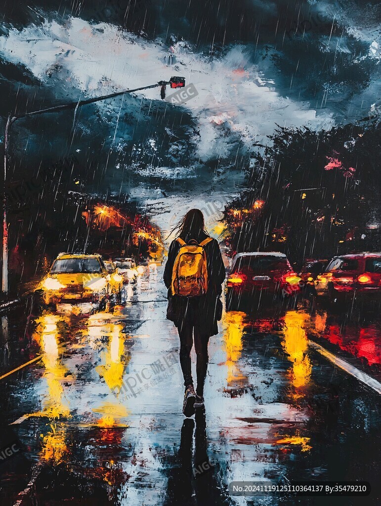 夜雨赶路的女人