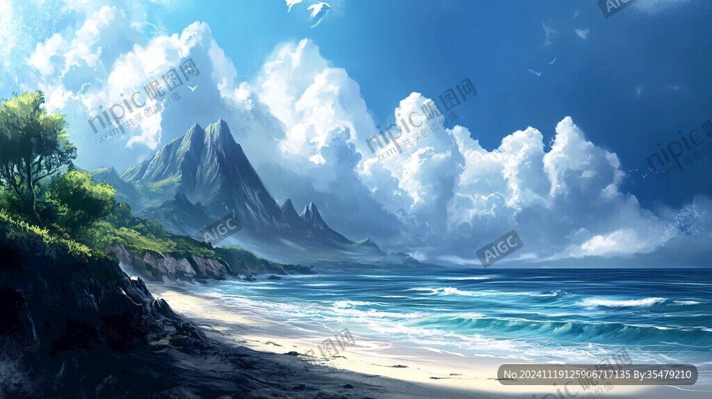 唯美海岸风景插画