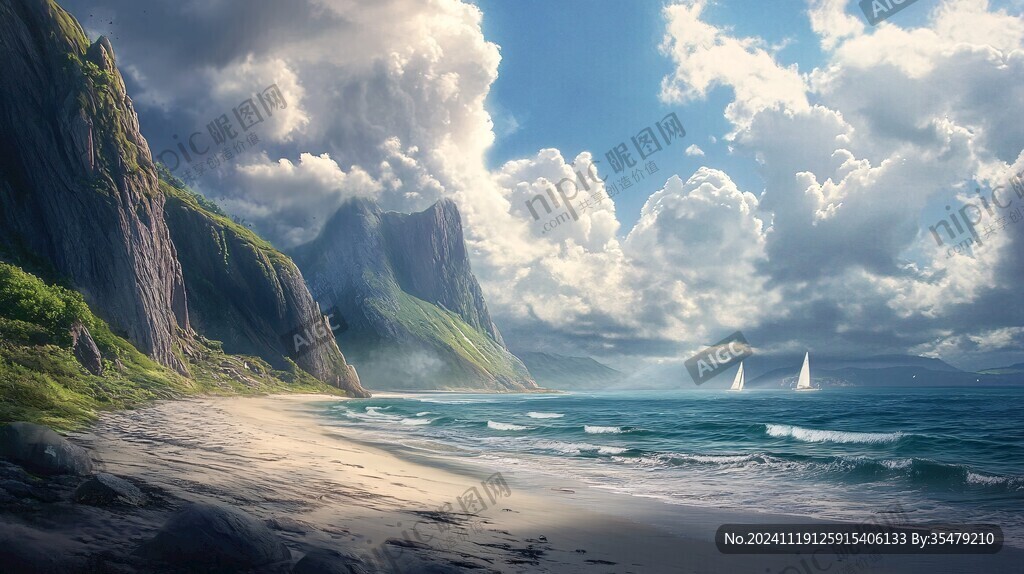 唯美海岸风景插画