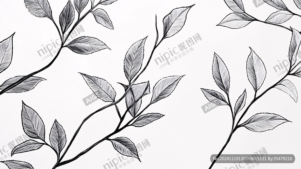 黑白树叶线条