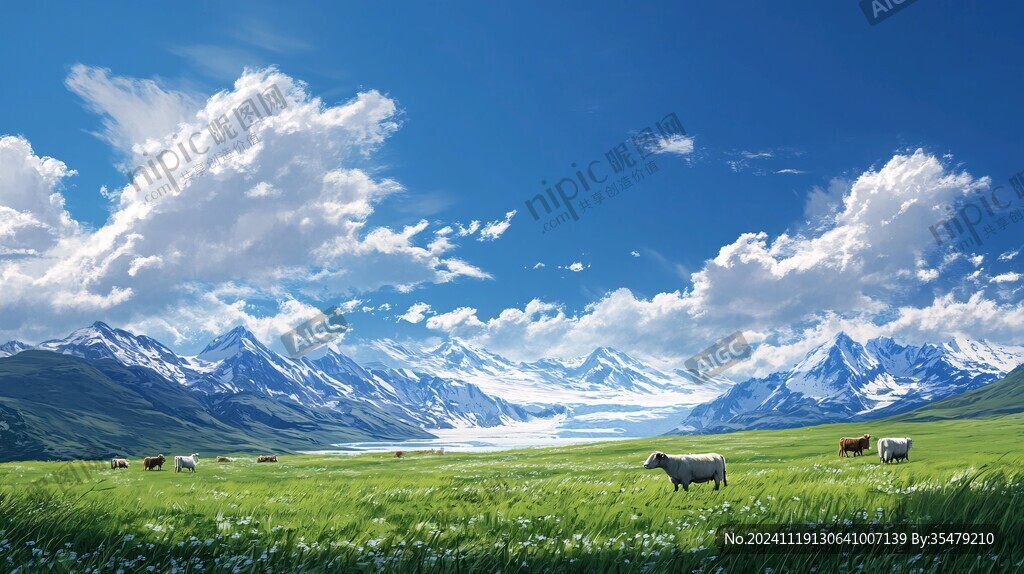 蓝天白云山脉草地背景