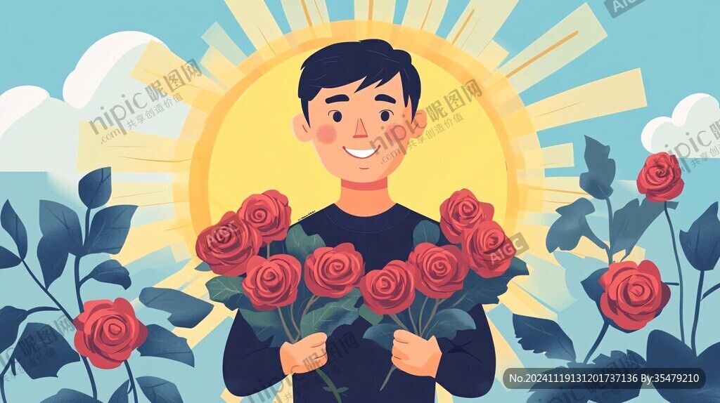 抱着花的男生