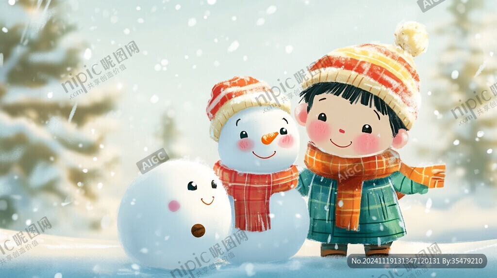 小孩堆雪人插画