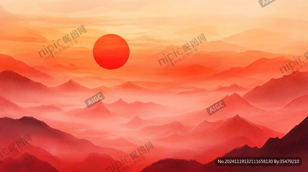 红日水墨山水