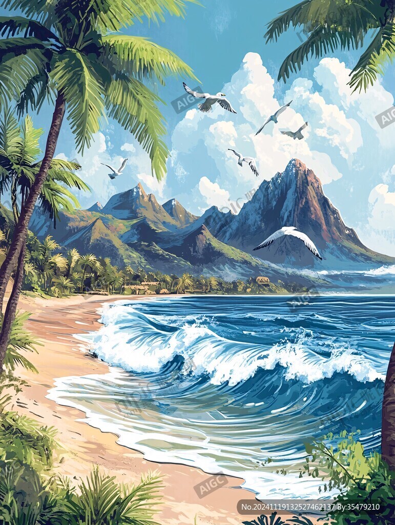 唯美海岸风景插画