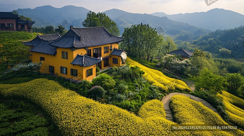 仿古建筑与油菜花