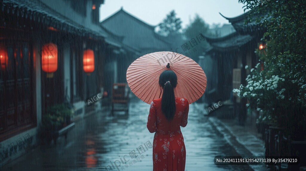 撑伞红衣背影