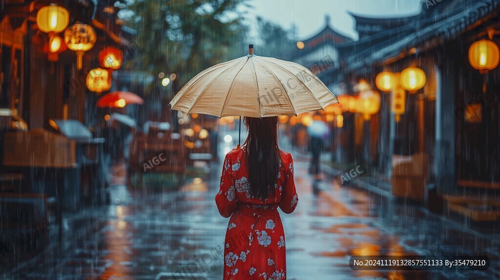 撑伞红衣背影