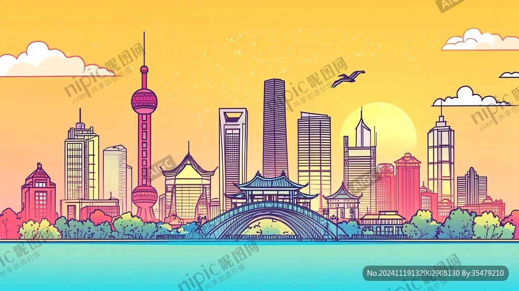 华东地区城市建筑插画