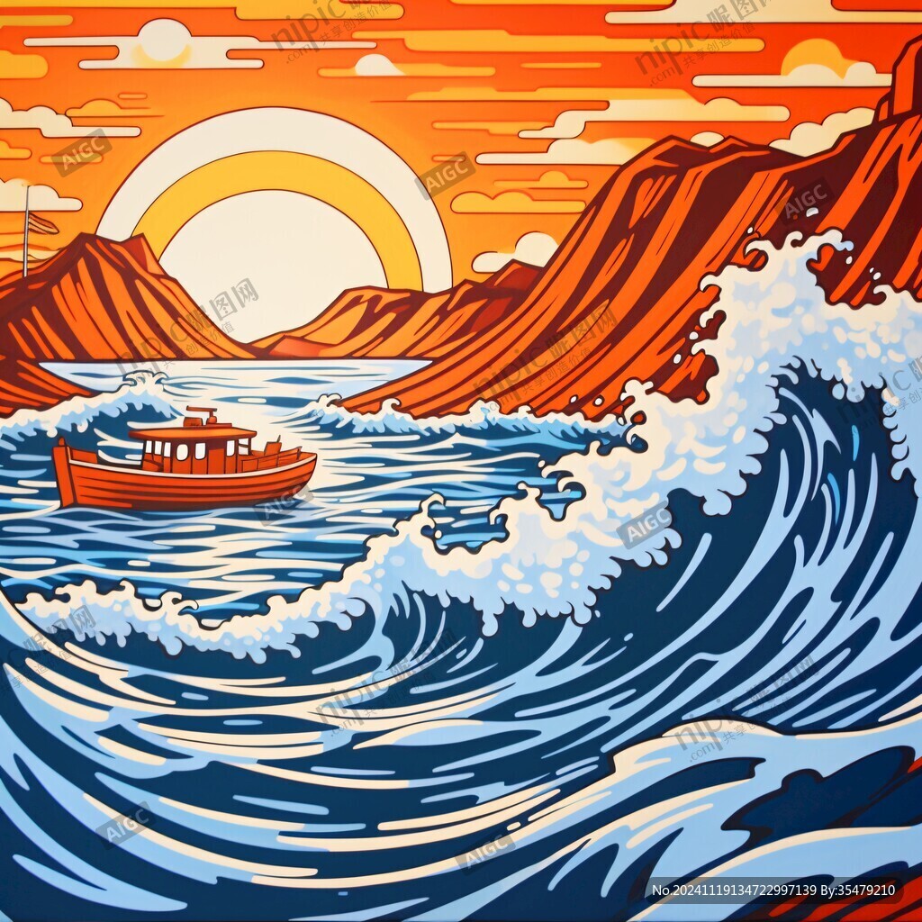 手绘海浪旭日东升