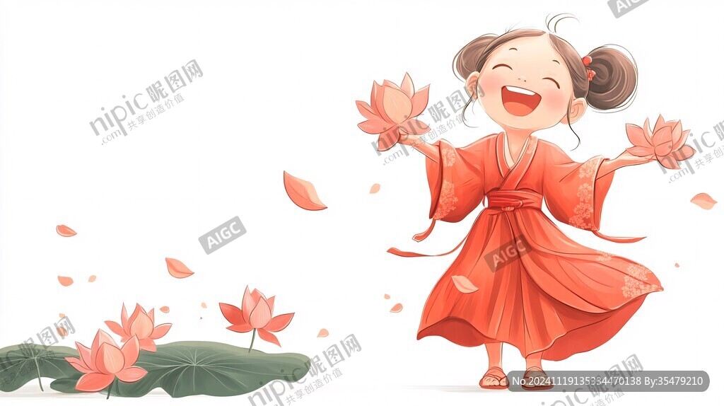 手绘拿着荷叶的小女孩