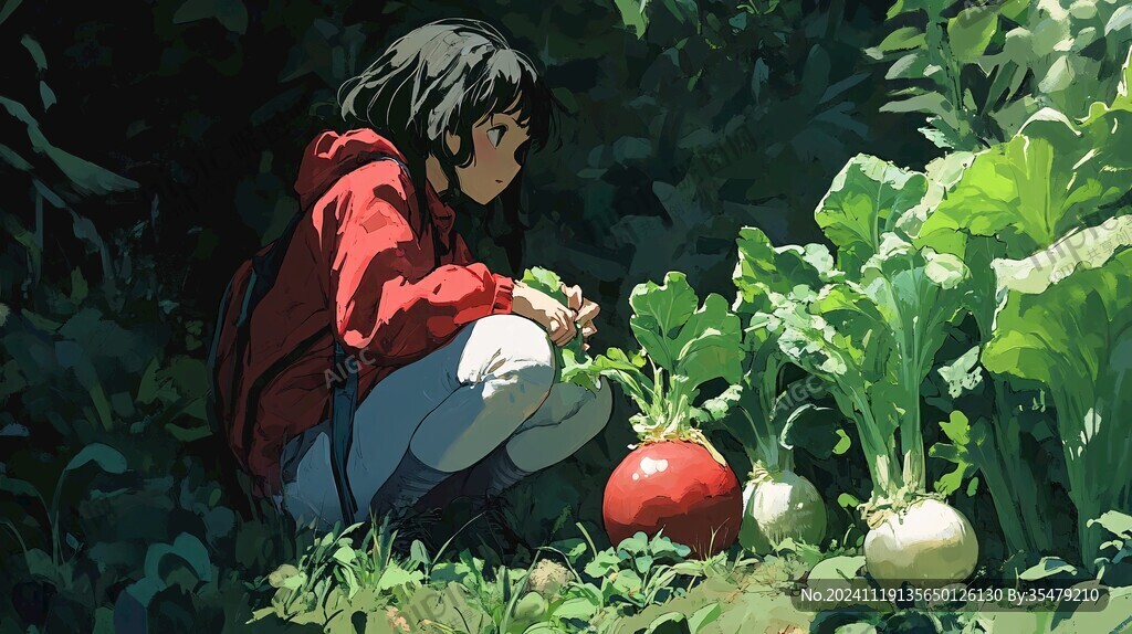 采摘农家少女插画