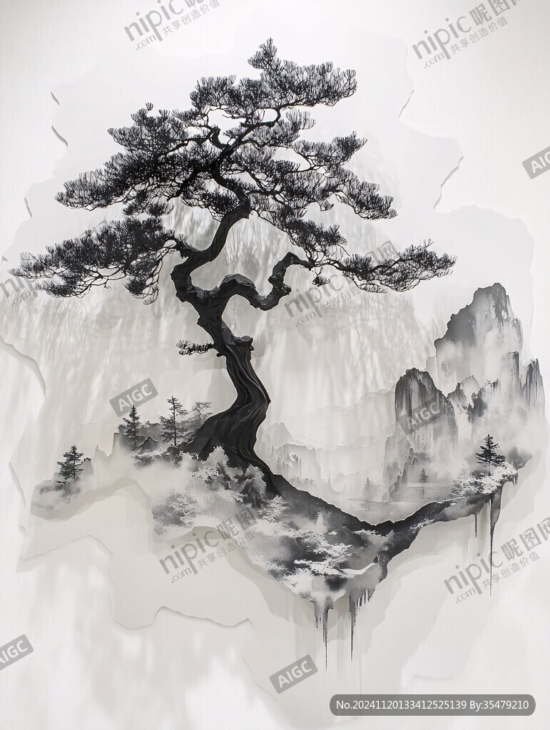 迎客松软膜天花水墨画