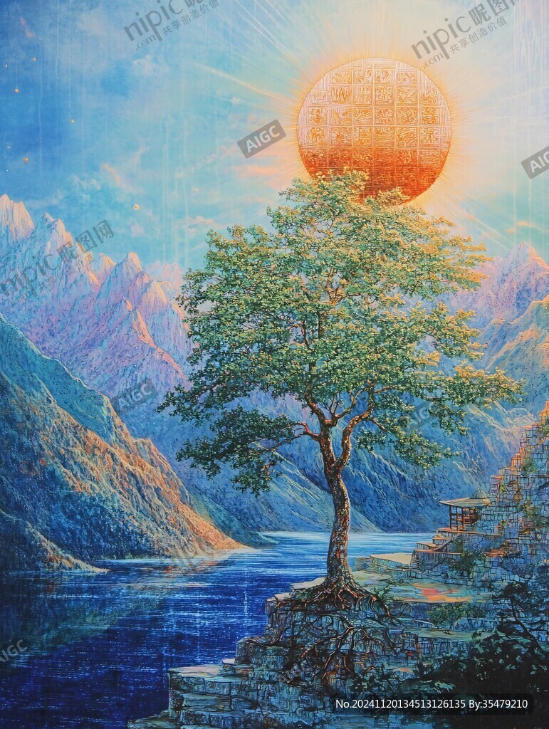 意境图片星月山川挂图
