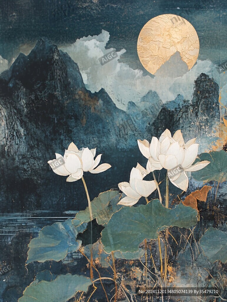 新中式荷花壁画