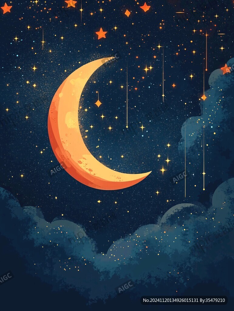 月色夜晚手绘插画