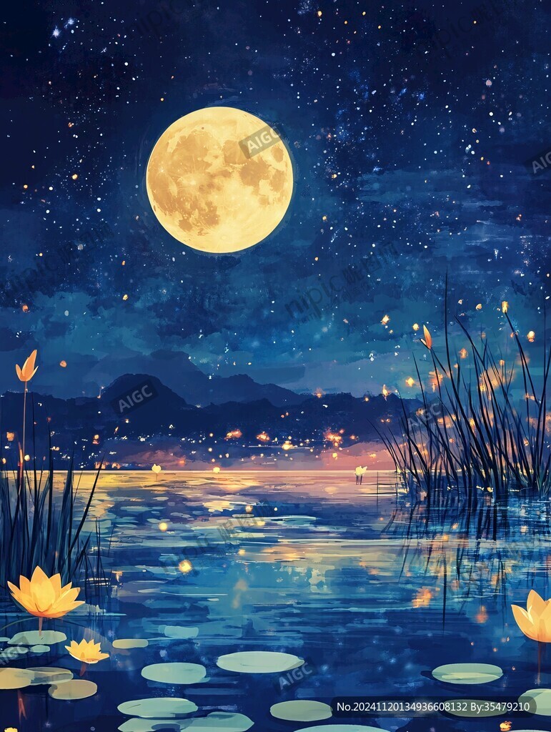 插画夜景湖泊