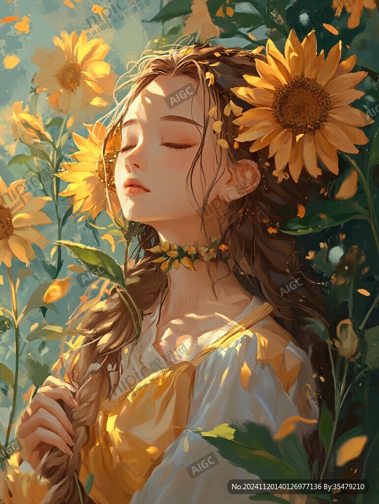 向日葵花丛中的少女