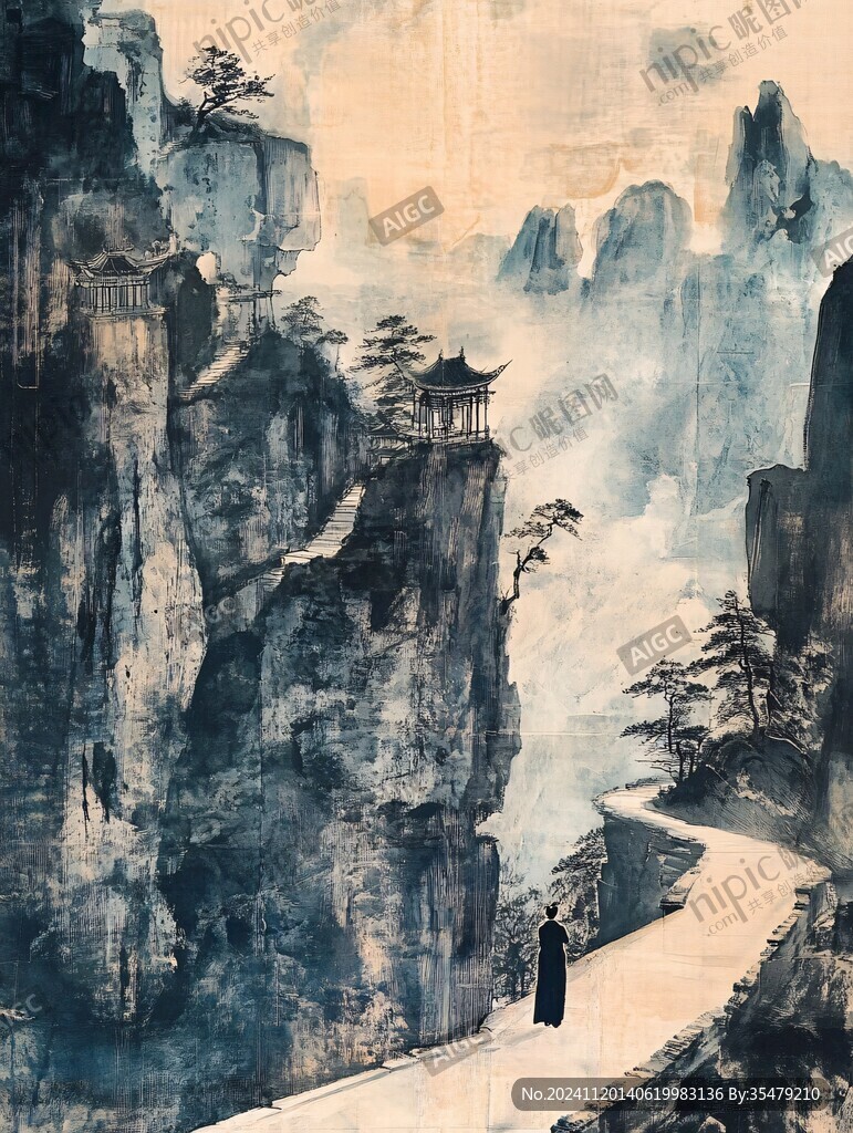 插画横店水彩水墨山水
