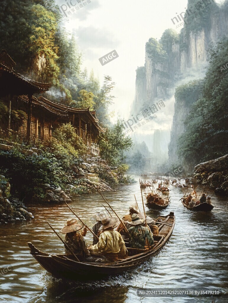 山水楼阁波光小船
