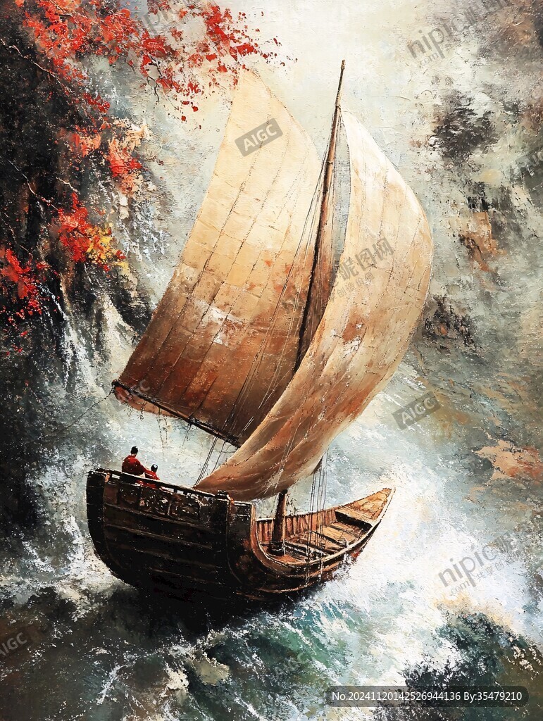 扬帆踏浪油画