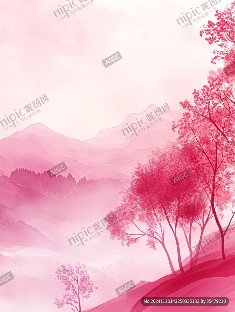粉色水墨山水画