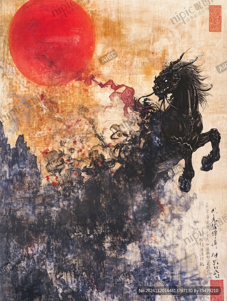红日东升水墨画