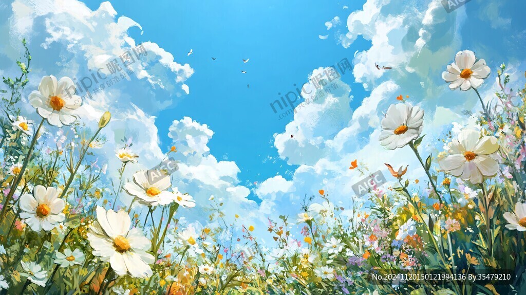 蓝天白云鲜花油画