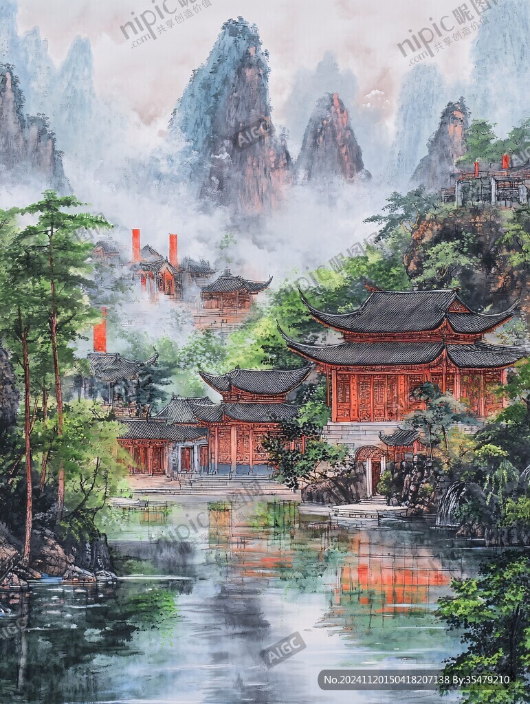 古风亭台楼阁油画