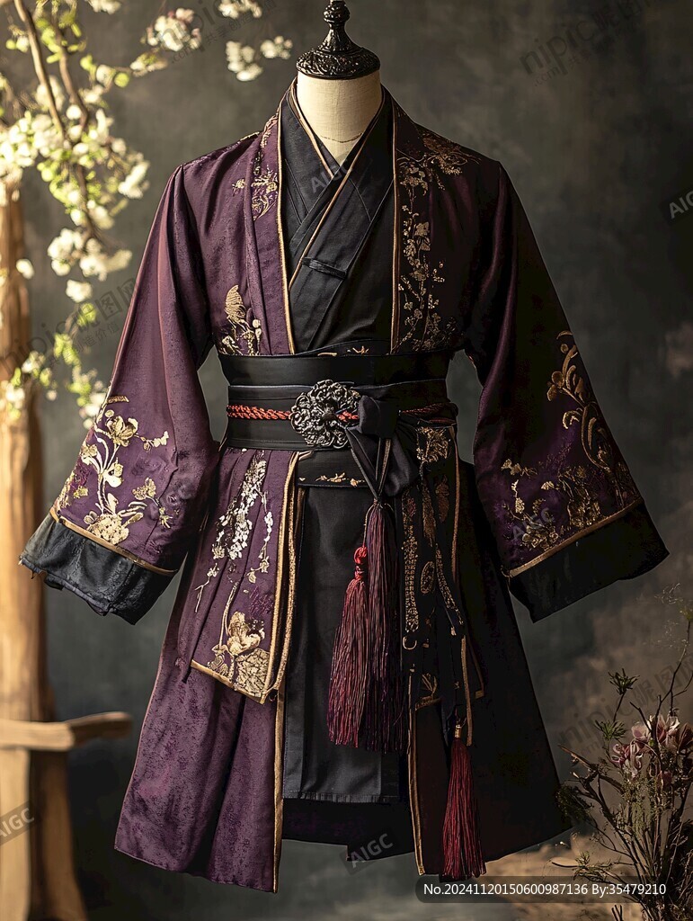紫色缎绣雉鸡袍