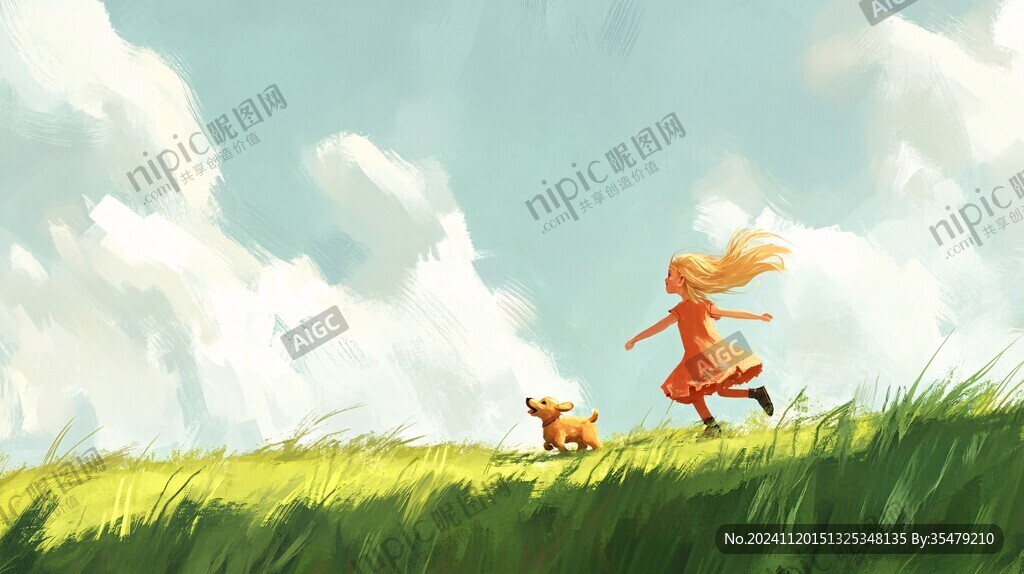 草地奔跑的少年插画