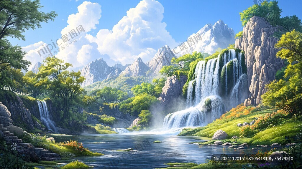 山水风景油画瀑布