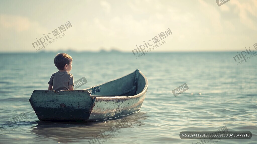 坐在船上的小孩