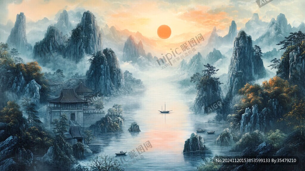 旭日东升楼阁山水画