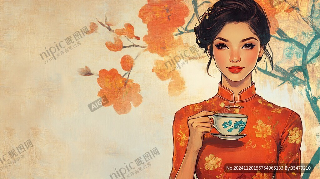 喝茶的旗袍美女插画