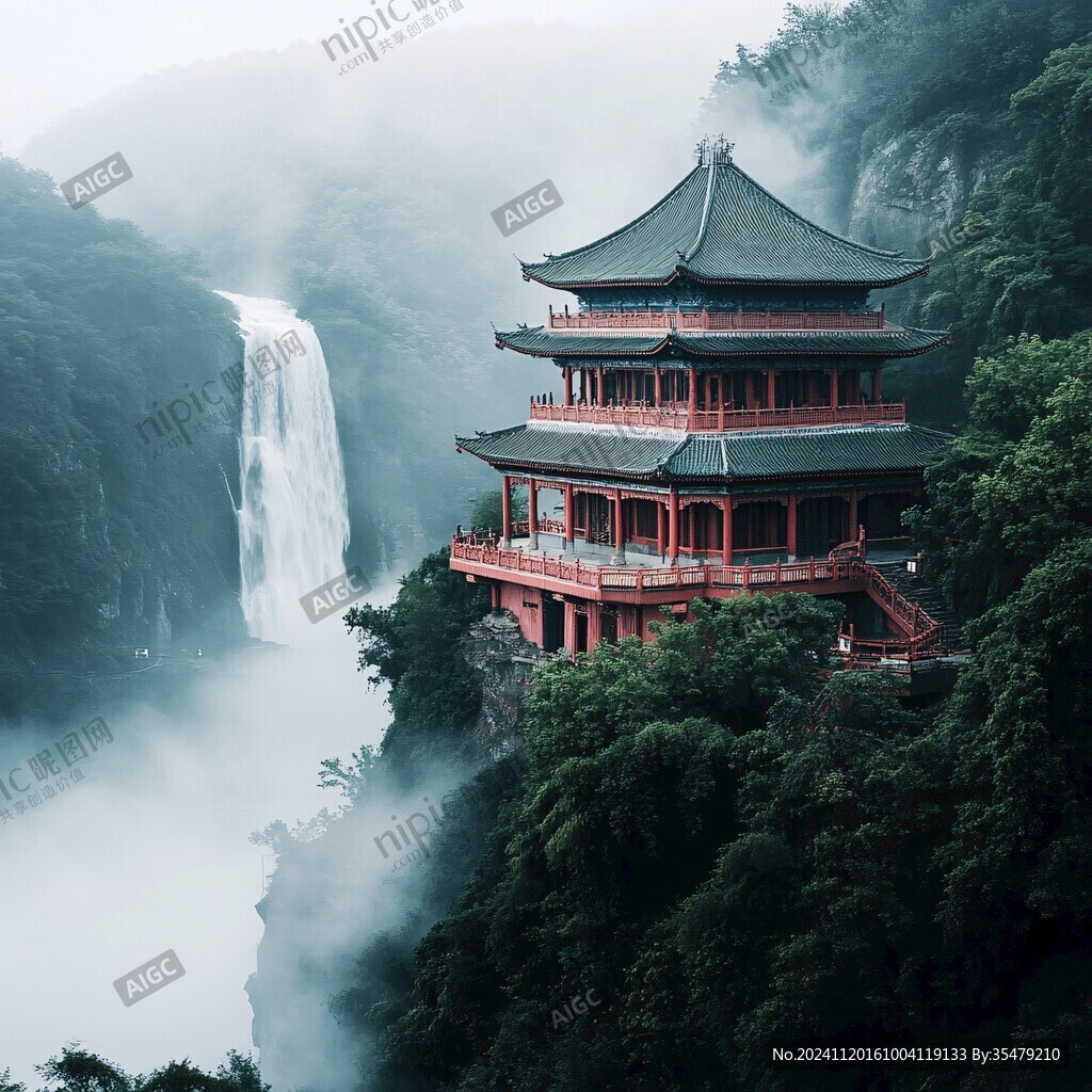 亭台楼阁流水瀑布