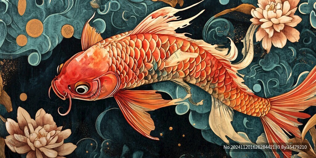 富贵鲤鱼禅意插画
