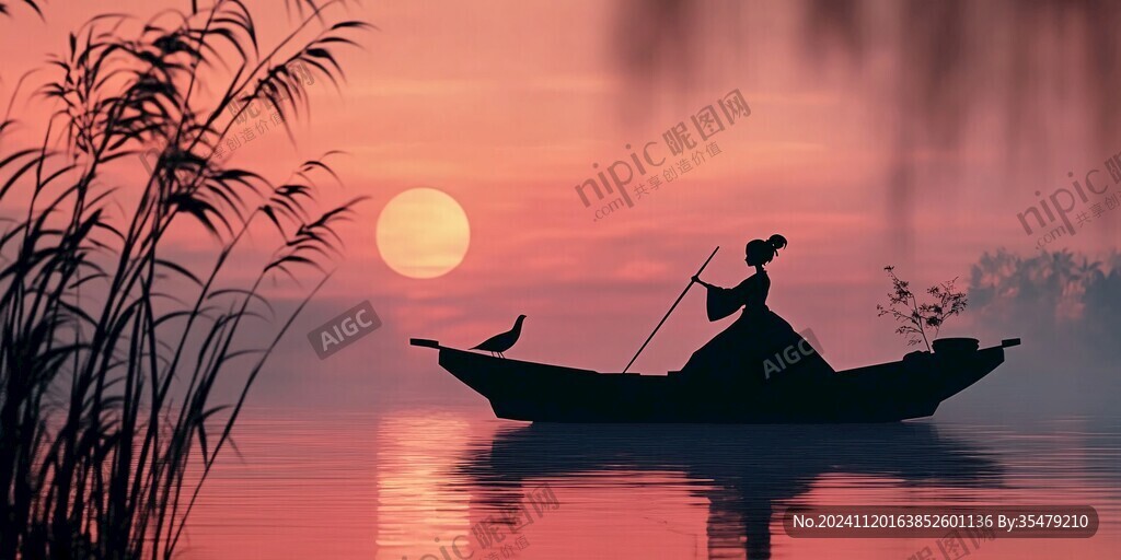 夕阳下泛舟