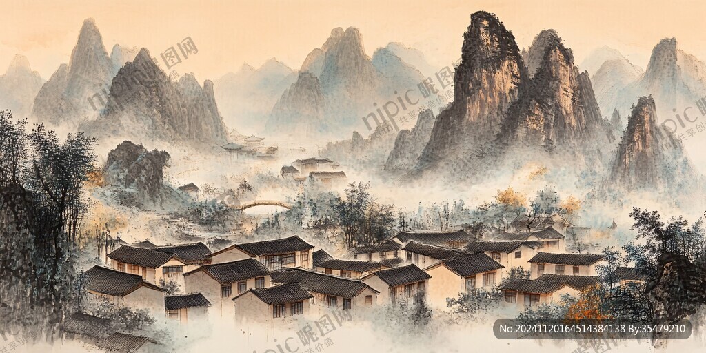 新中式山水描金楼阁画