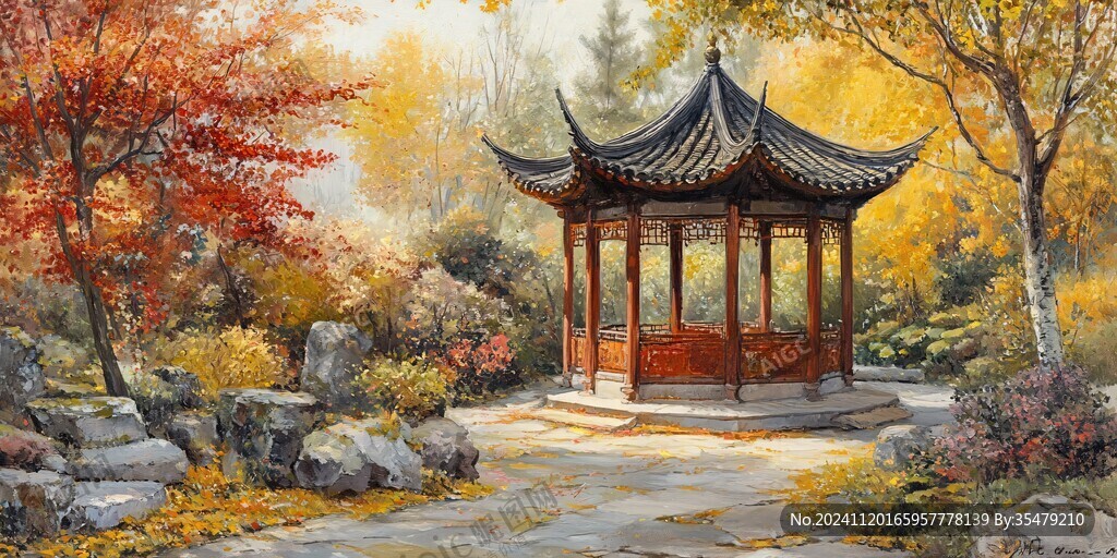 古风亭台楼阁油画