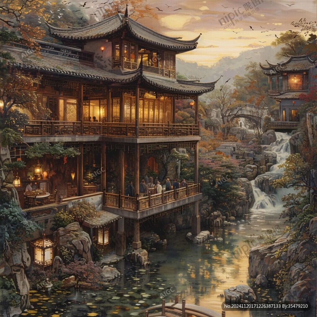 古风亭台楼阁油画