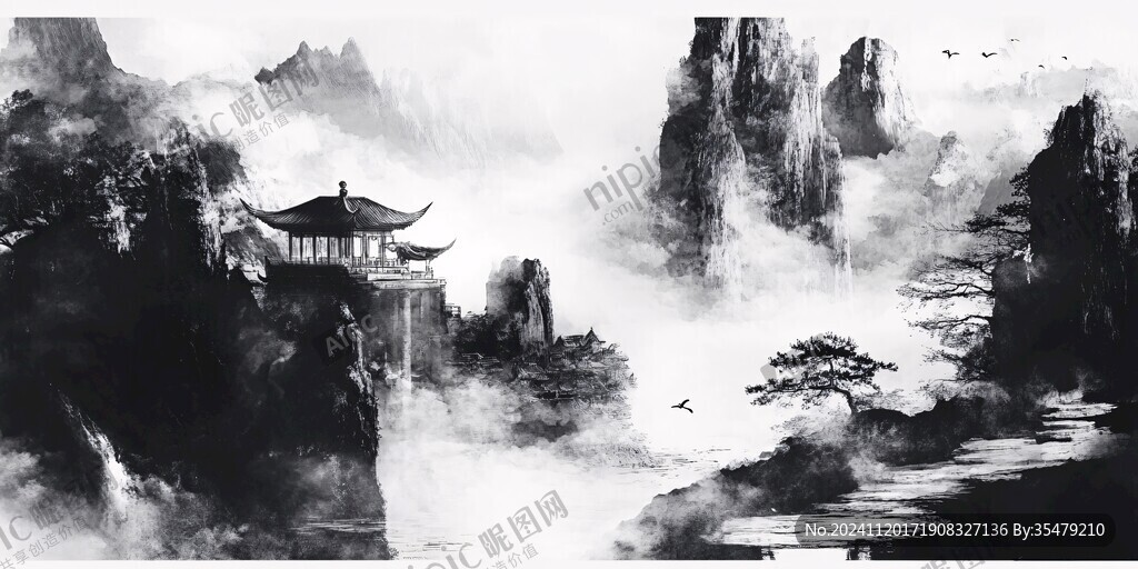 江南水乡墨韵禅意山峰