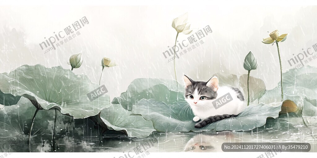 雨天伞下躲雨猫咪插画