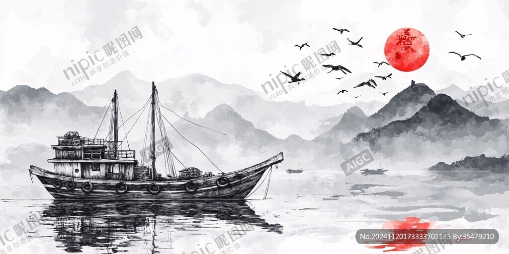 中式山水渔船